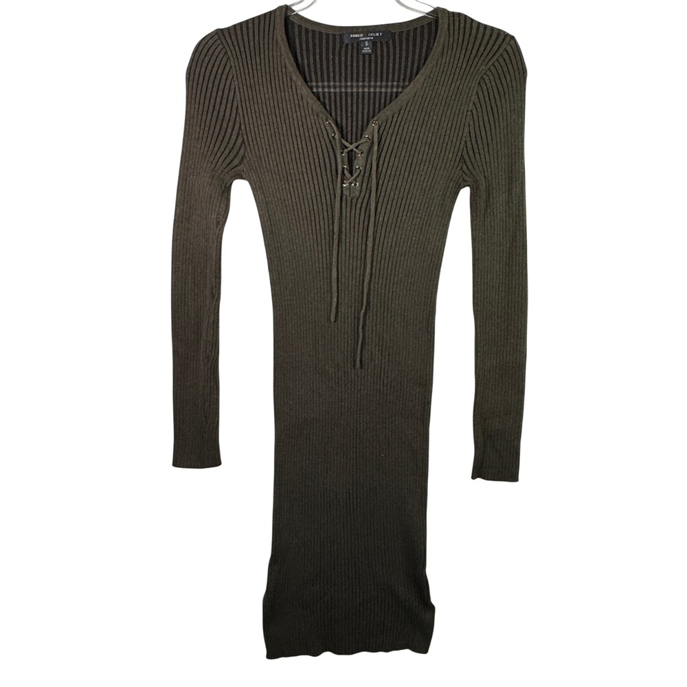 Romeo + Juliet Couture Ribbed Knit Lace Up Sweater Dress Olive Green S Bodycon